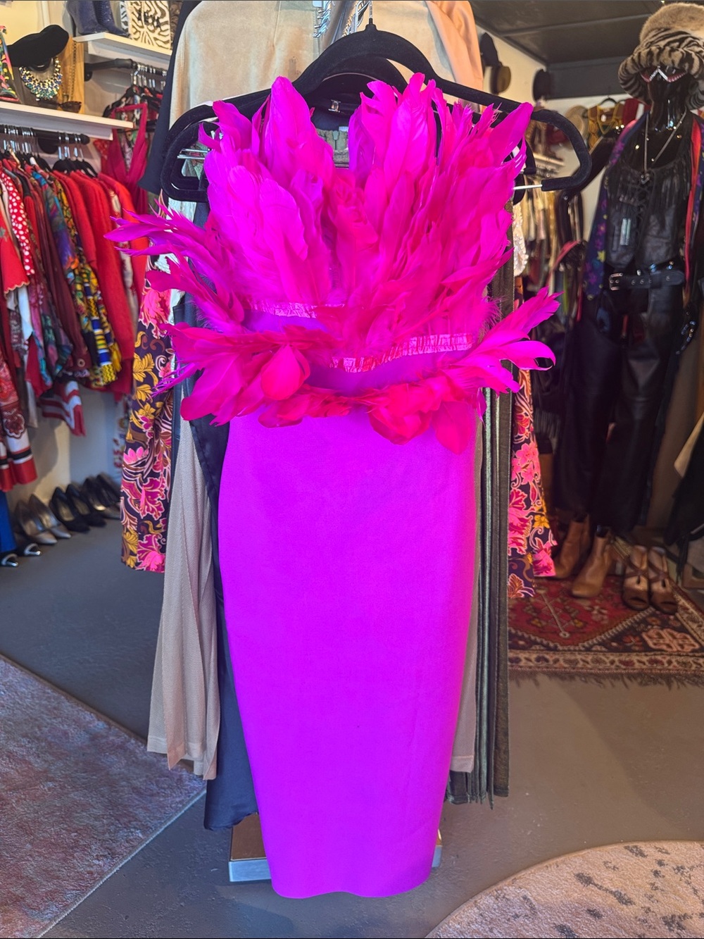 Fuchsia Feather-Trim Bandage Strapless Dress